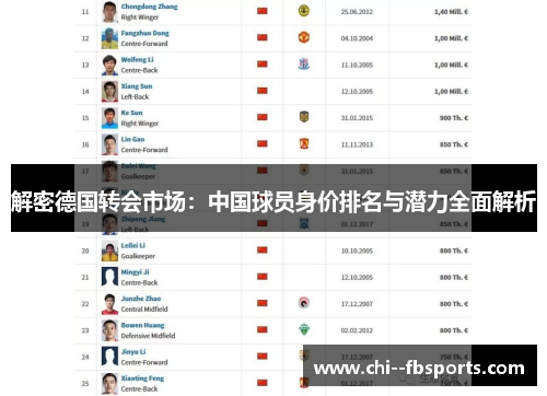解密德国转会市场：中国球员身价排名与潜力全面解析