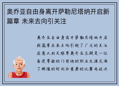 奥乔亚自由身离开萨勒尼塔纳开启新篇章 未来去向引关注