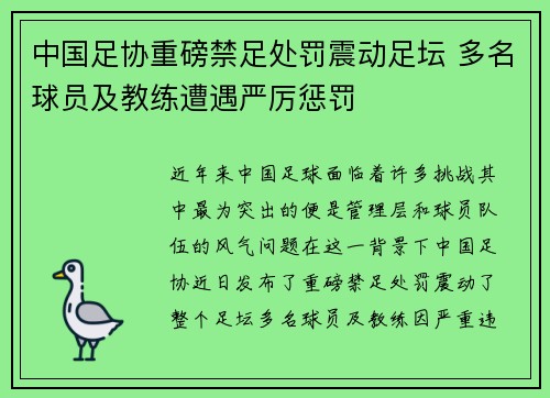中国足协重磅禁足处罚震动足坛 多名球员及教练遭遇严厉惩罚