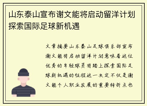 山东泰山宣布谢文能将启动留洋计划探索国际足球新机遇